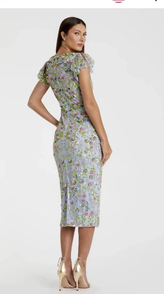 New Mac Duggal Floral Embellished Flutter Cap Sleeve Dress Slate Blue Multi Sz12 - Image 2 of 3