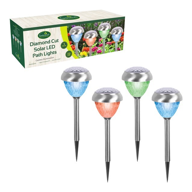 4Pcs Solar Powered Garden Lights Diamond Cut Multicolour LED Yard Path Decor