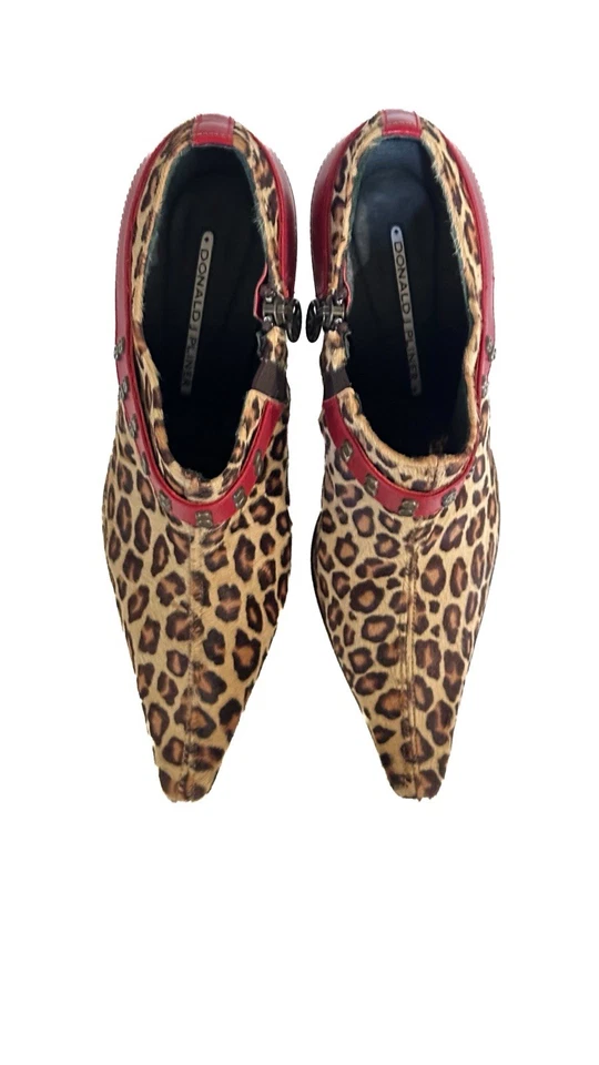 Donald J Pliner Leopard Print Y2K Pointy Toe Side Zipper Red Accent Calf Bootie - Image 2 of 4