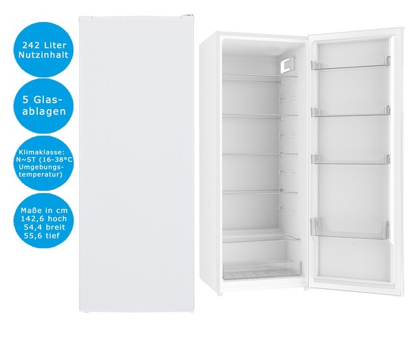 Pkm VollraumküHlschrank Weiß 242 L Led Beleuchtung Freistehend 142,6 Cm Hoch-image