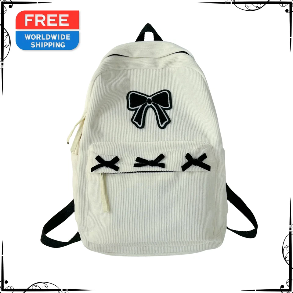 Womens Corduroy School Bag Bowknot Fashion Large Capacity Travel Tote Handbag - Image 2 of 4