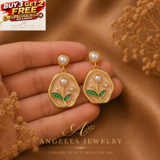 Pearl Enamel Flower Drop Dangle Earrings Monet Garden 18K Gold Plated Vintage