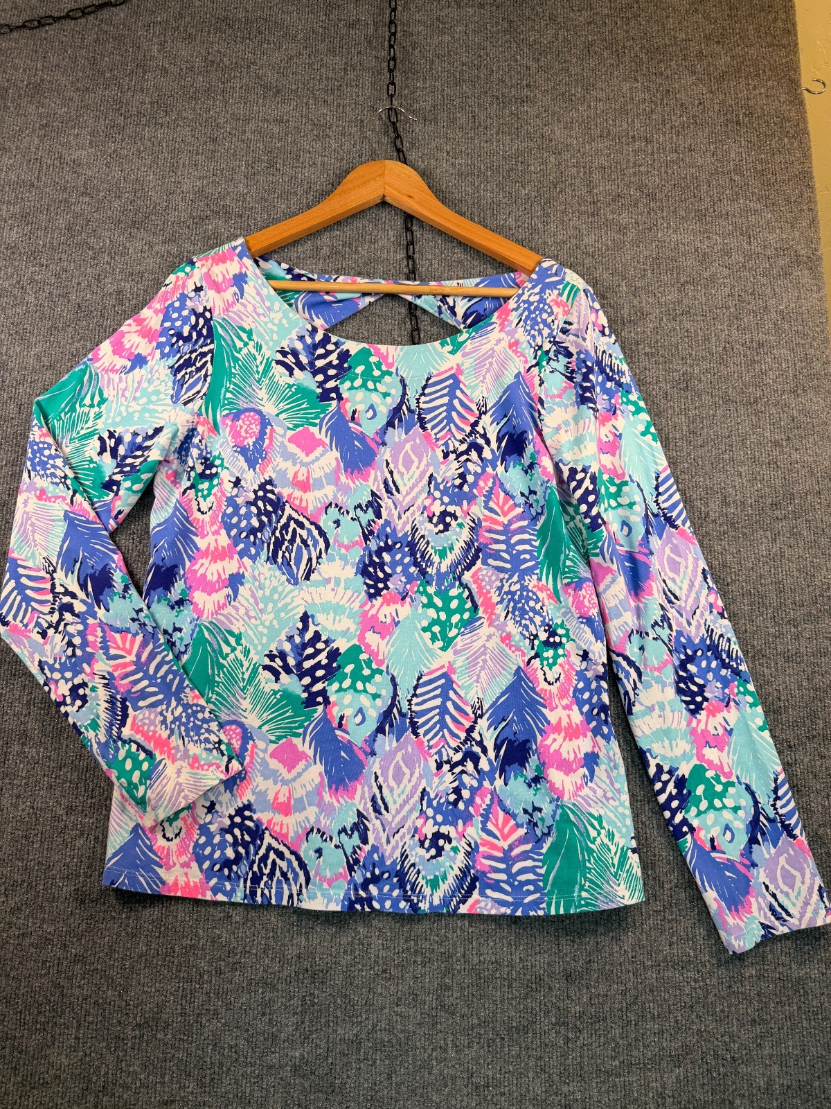 Lilly Pulitzer Womens Tristan Top Long Sleeve Keyhole Twist Back Quill Out Sz L