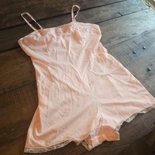 Pink Teddy Lingerie Romper Lace Detailed 1960s 1970s Vintage Coquette Sleeveless