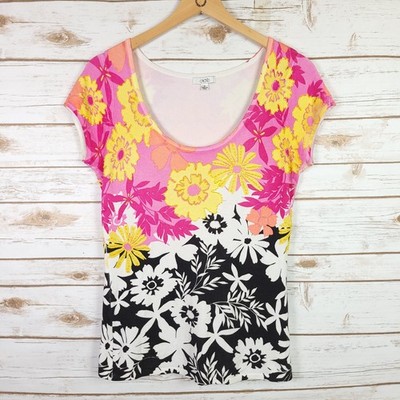 Vintage 90s Cache Sweater Top Women Medium Floral Short Sleeve Beaded