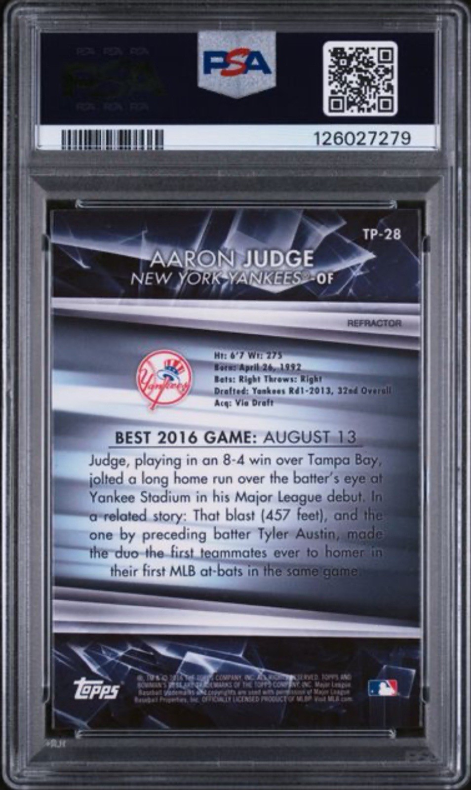 2016 Bowman's Best Top Prospects Aaron Judge #TP-28 Refractor (RC) PSA 10 view 2