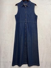 90s Vintage Sleeveless Denim Maxi Button Front Dress Womens 14 Dark Wash Blue