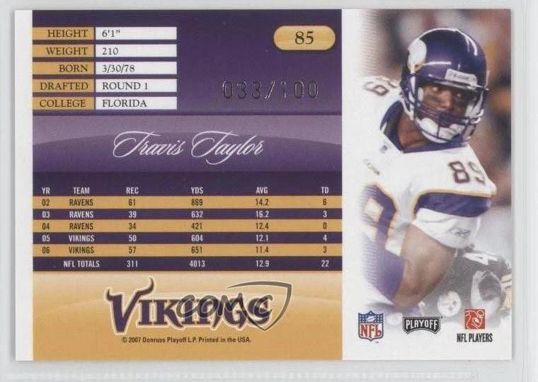 2007 Playoff Prestige Xtra Points Red /100 Travis Taylor #85 - Image 2 of 2