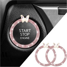 2PCS Engine Push Start Button Cover Decoration Ring, Bling Butterfly Push Pink