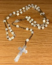 Antique Religious Mother of Pearl Rosary Necklace Bead & Cross Marked Jerusalem