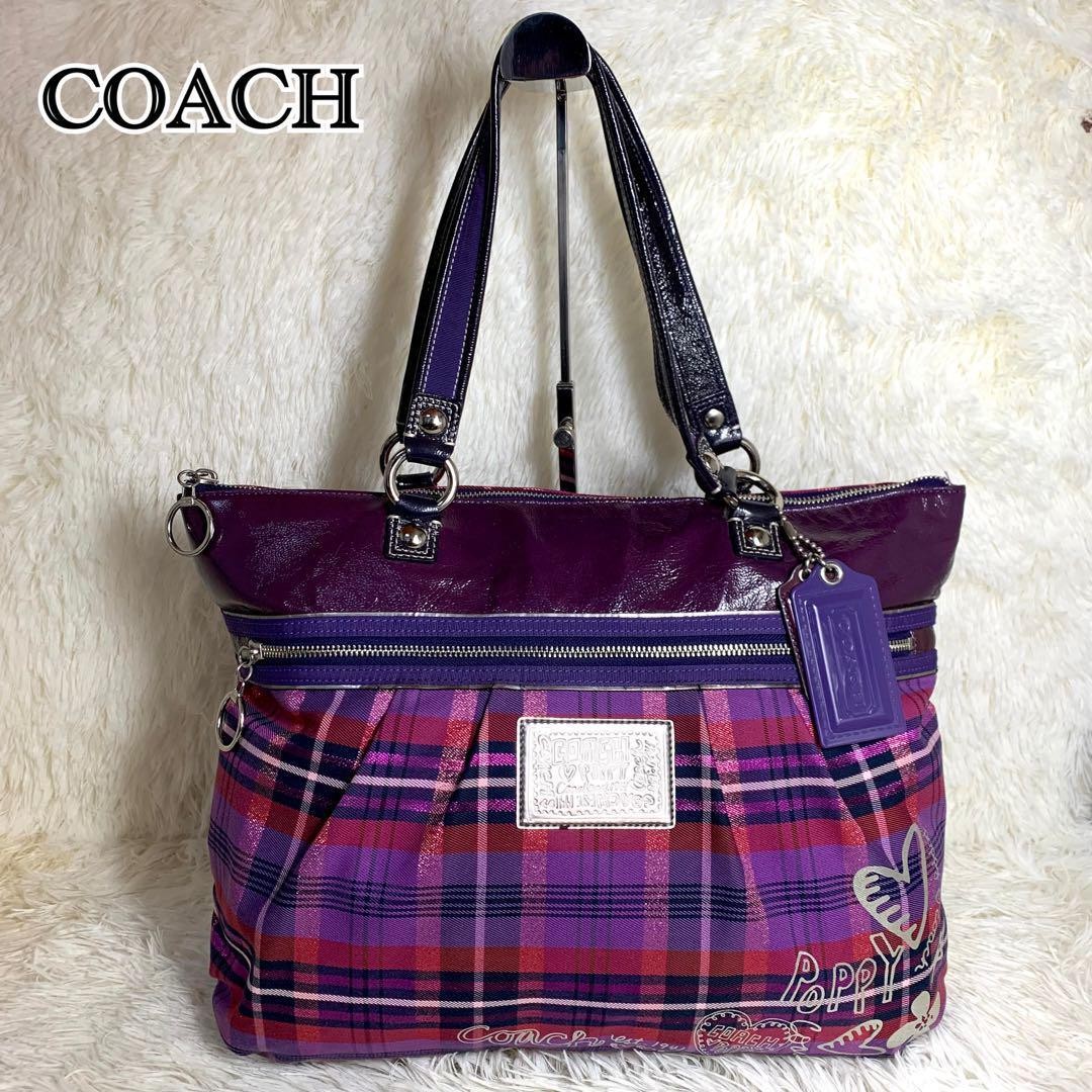 Vintage COACH Checkered Tote Bag with Charm Leather Shoulder Bag Excellent Condition