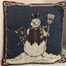 Vintage Riverdale Snowman Tapestry Pillow Made in USA 16"x16"