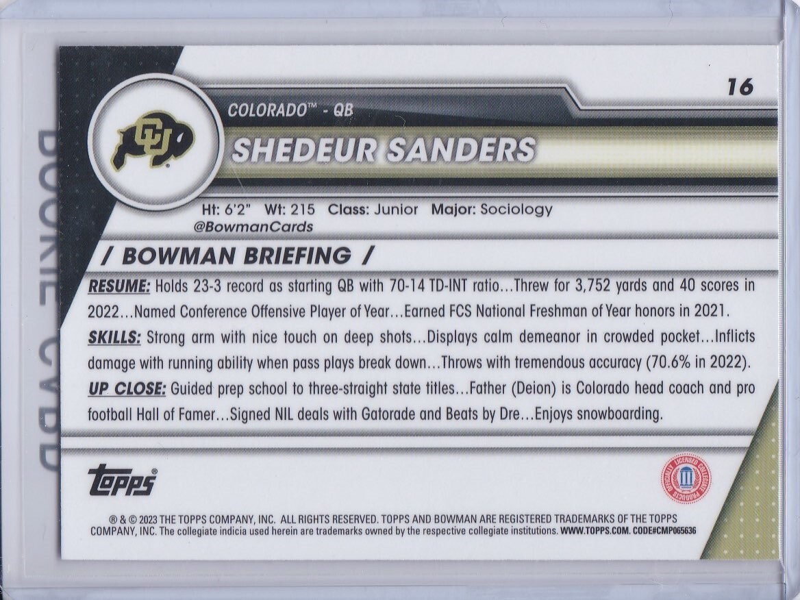 SHEDEUR SANDERS ROOKIE CARD 2023 Bowman Chrome 1st RC Football