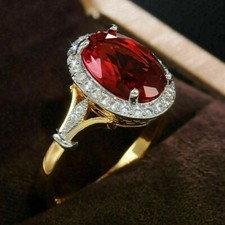 4Ct Oval Cut Red Garnet Halo Women's Engagement Ring 14K Yellow/White Gold Over