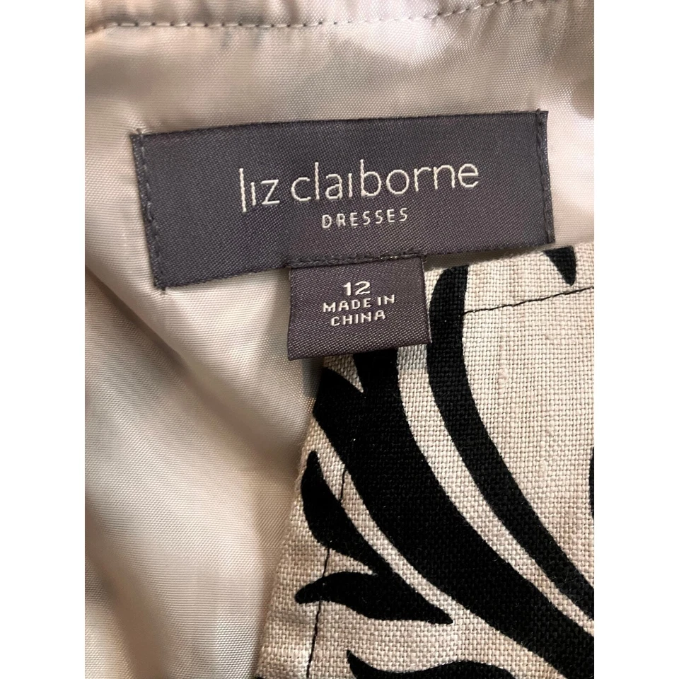 LIZ CLAIBORNE Linen Cream Black Floral Sz 12 Dress Pencil Sleeveless Lined Zip - Image 3 of 4