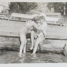 Snapshot Photograph Women Friends Fooling Around In Water Swimming Swimsuits