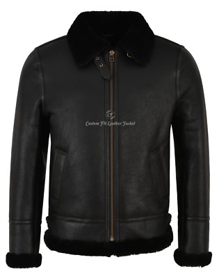 Men's B3 Black Fur Shearling Sheepskin Leather Jacket Bomber Flying RAF NV-65