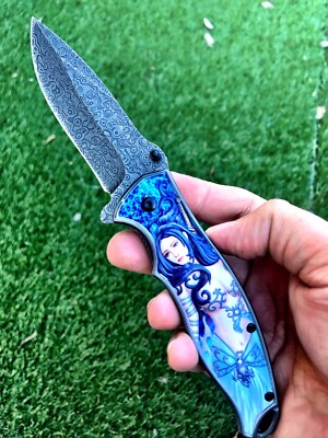 8.5 Spring Open Assisted Mermaid Design Pocket Knife Collectible Gift Outdoor BL