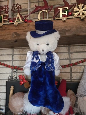 Dan Dee Plush White 3D Bear Plush Stocking Pair Silver Blue Top Hat Vtg 90s