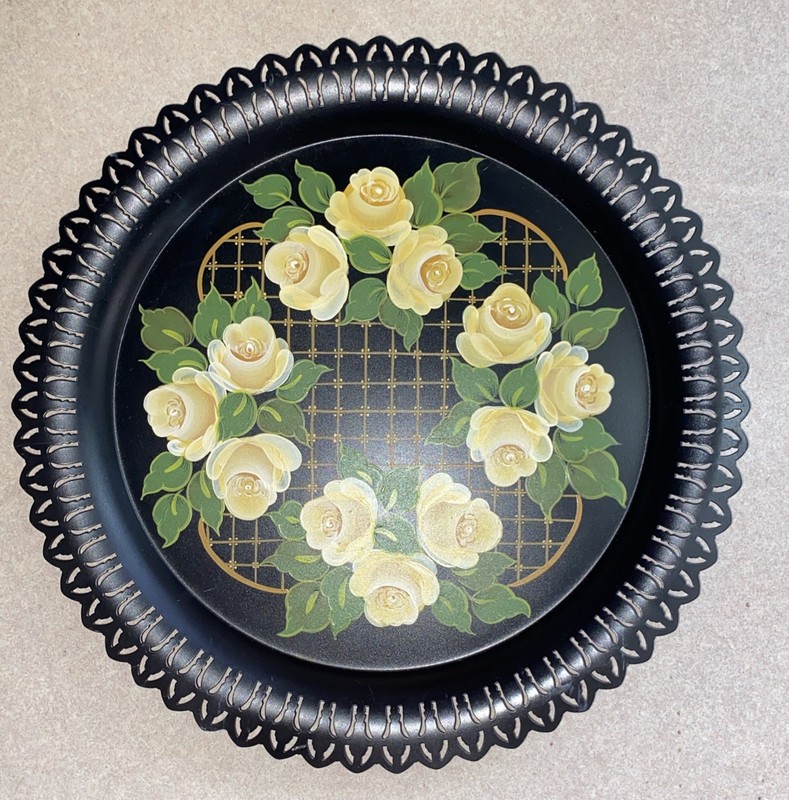 Vintage Black Metal Toleware Tray 12" Round Hand Painted Floral Unsigned