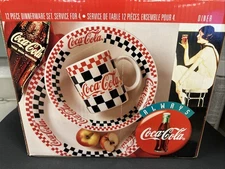 NIB 1996 COCA COLA 12pc DINNERWARE SET by GIBSON, DINER DESIGN, MINT CONDITION