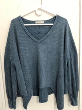 We The Free People Coraline Thermal Waffle Knit Top Teal Blue Oversized Sz S