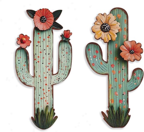 2 Piece Metal Cactus Wall Decor, 13×6.3 Inch Laser Cut Desert Western Art, Rusti