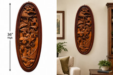 Vintage 36" Chinese Hand-Carved Wood Wall Plaque Asian Wall Art High Relief
