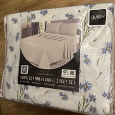 ZOYER Flannel Sheets Queen Size Set - Soft Comfy Deep Pocket Cotton, Blue Daisy