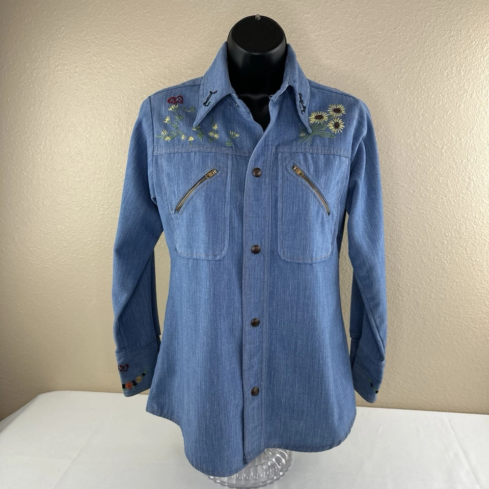 Vtg 70s Brushed Denim Leisure Suit Pantsuit Embroidered Pants Jacket Disco S/M - Image 2 of 4