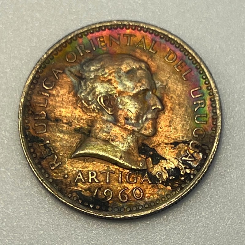 1960 Uruguay 50 Centesimos Toned Toning Rainbow Copper-Nickel KM#41