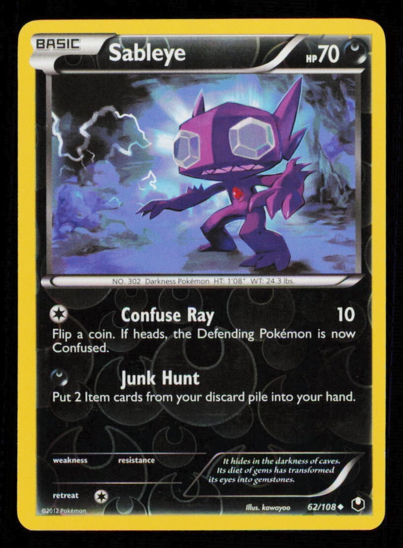 Pokemon Card Sableye 62/108 Dark Explorers LP Reverse Holo Junk Hunt Foil 2012