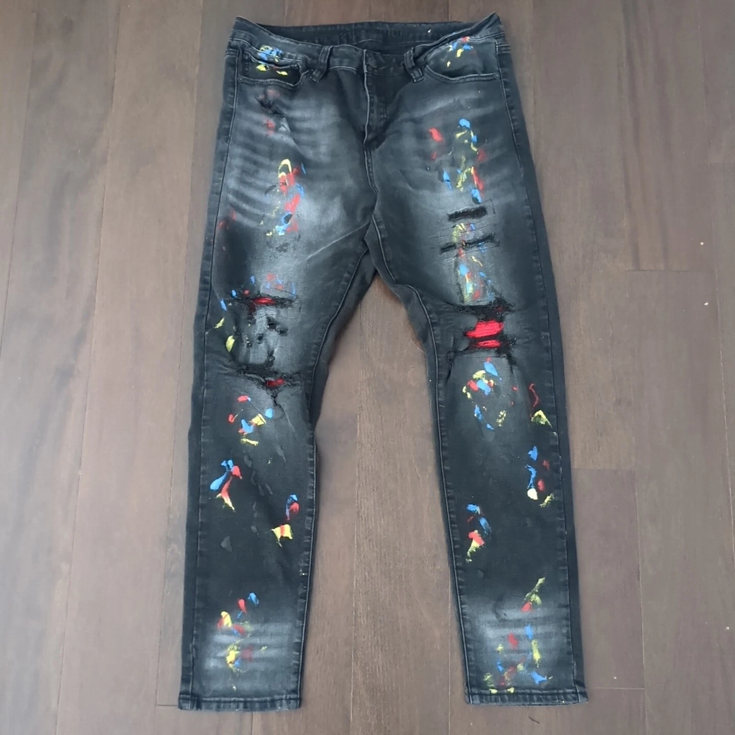 Jean homme Rue21 34x30 Supreme Flex slim conique vieilli noir éclaboussures de peinture