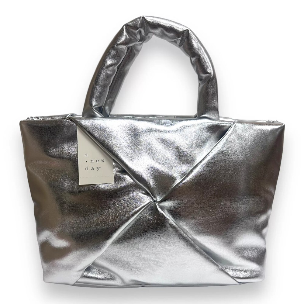A New Day Puffer Shoulder Tote Bag in Metallic Silver
