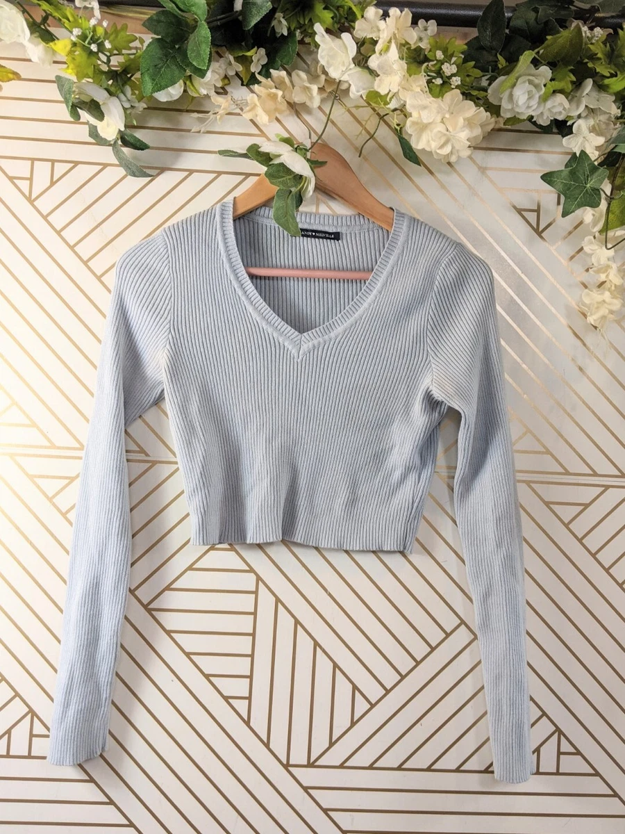 BRANDY MELVILLE Women's MILENA Blue Ribbed V-Neck Sweater Long