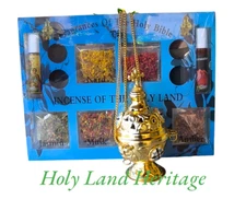 Brass Orthodox Incense Burner Hanging Or Stand and Set of 6 Incenses & 2 Oil