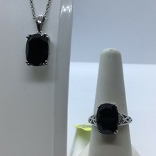 Thai Black Spinel Ring (Sz8) Pendant & Chain 17.25Cts Platinum/.Sterling