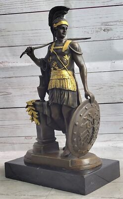 Hand Cast Gilt Bronze Roman Soldier Sculpture Sword Shield Fine Art Statue Sale