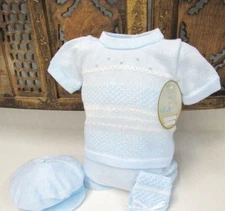 NWT Will'beth Blue Knit Stripe 4pc Diaper Set Newborn Baby Boys Hat Booties Sz 0