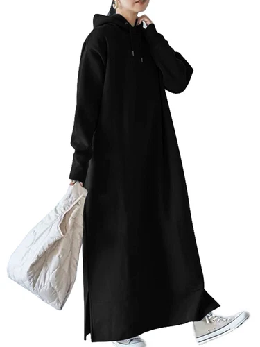 Damen Langarm Fleece Kapuze Locker Maxi Pullover Hoodies Sweatshirt Kleid - Bild 21 von 25