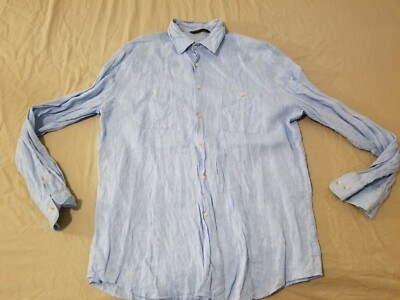 Mens Perry Ellis Linen Dress Shirt XL Blue Button