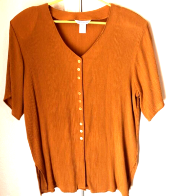 Ship N Shore Womens Blouse Brown Short Sleeve V Neck Textured