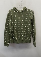 Champion Women's Green All Over Logo Print Pullover Hoodie Sweatshirt Sz XL