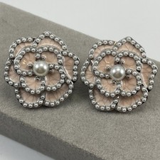 Silver Tone Pink Enamel Faux Pearl Flower Floral Post Setting Stud Earrings Boho