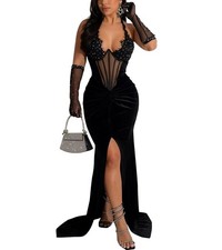 Jigfar Women's Sexy Elegant Rhinestone Mesh See Through Medium, 801 Black