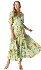 Flying Tomato Tropical Floral Wrap Midi Dress Puff Sleeve No Belt Boho Sz S