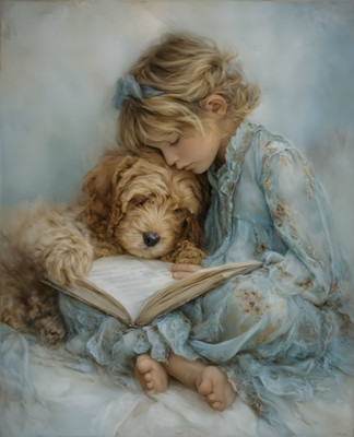 8x10 Girl Reading a Book with Her Dog Art Print - 796553701