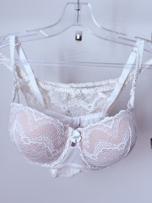 Adored by Adore Me Set Ivory Balconette Push Up Bra 36D Lace String Bikini M