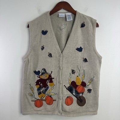 Vintage Bobbie Brooks Fall Sweater Vest Pumpkin Patch Scarecrow Black Birds L