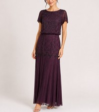 Adrianna Papell Dress Womens 12 Purple Beaded Blouson Maxi Evening Gown Formal